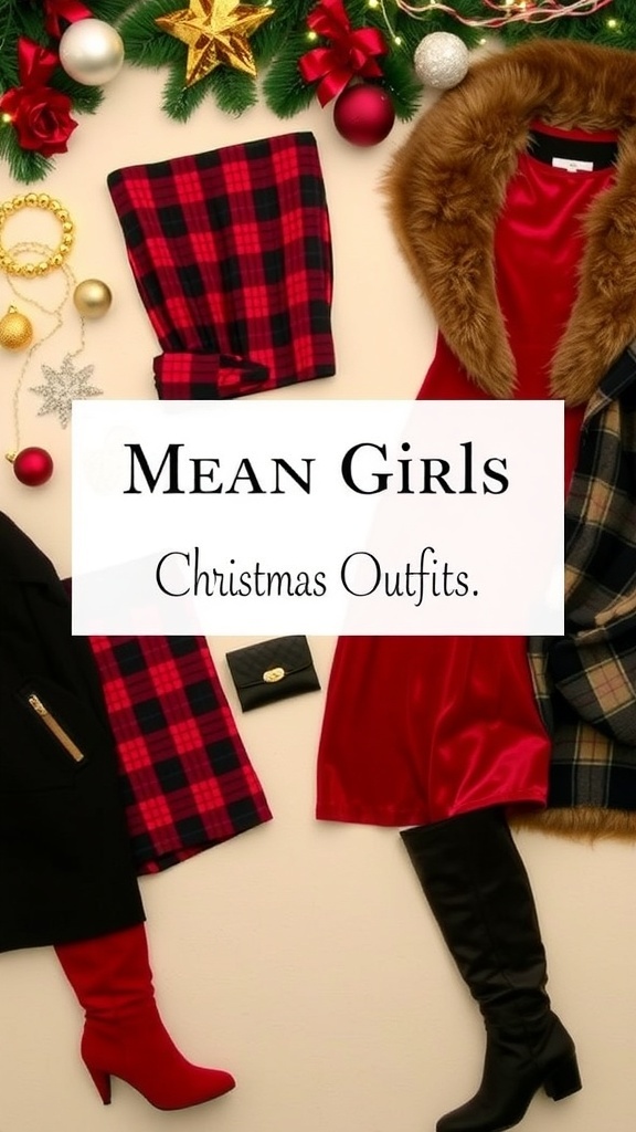Flat lay of Christmas outfits inspired by Mean Girls, including plaid skirts and festive accessories.